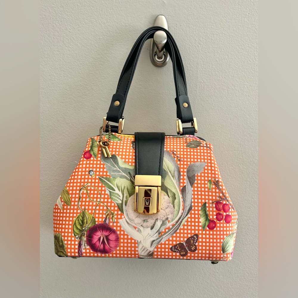 RARE Carson & Company Orange Checkered Vegetable Print Doctors Bag Handbag - Picture 3 of 9